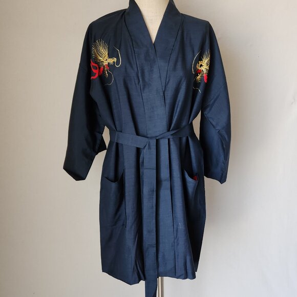 Japanese Dragon Embroidered Silk Kimono Robe Belt Blue Men's Made in Japan - Picture 4 of 12